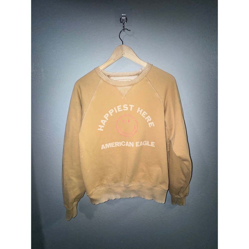 American Eagle Women's "Happiest Here"‎ Smiley Face Graphic Crew Sweatshirt XS